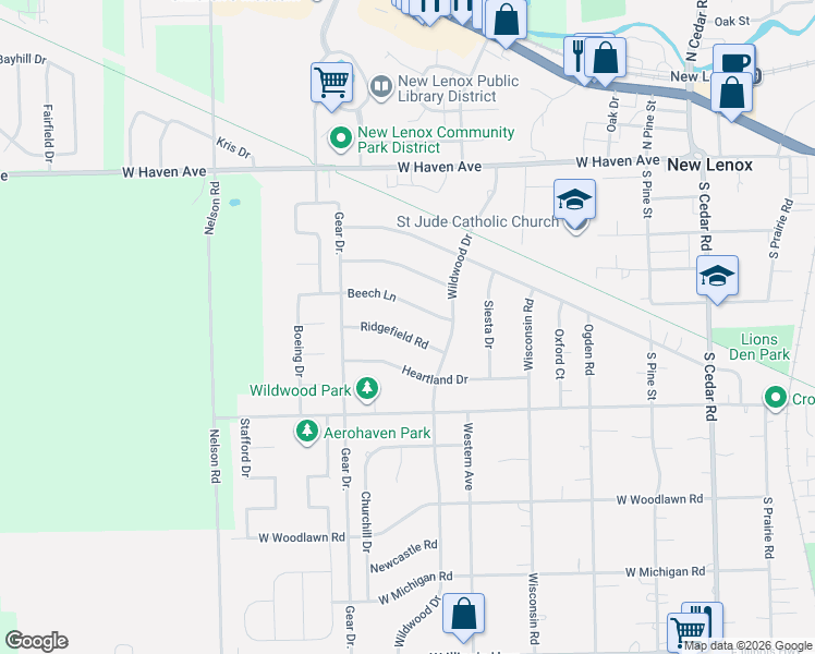 map of restaurants, bars, coffee shops, grocery stores, and more near 605 Heartland Drive in New Lenox
