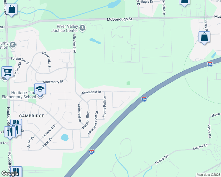 map of restaurants, bars, coffee shops, grocery stores, and more near 808 Prairie Path Lane in Joliet