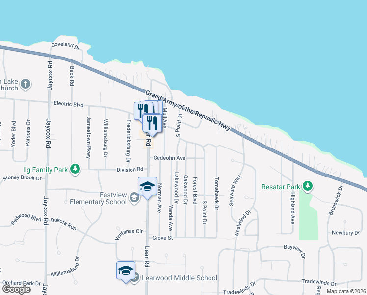 map of restaurants, bars, coffee shops, grocery stores, and more near 121 Lakewood Drive in Avon Lake