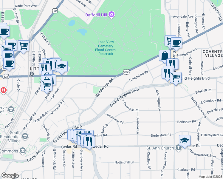 map of restaurants, bars, coffee shops, grocery stores, and more near 2541 Edgehill Road in Cleveland Heights