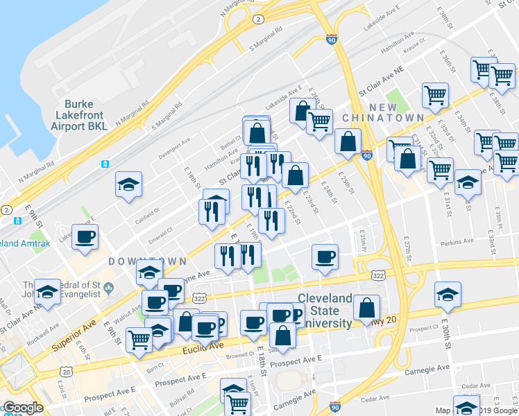 map of restaurants, bars, coffee shops, grocery stores, and more near 2010 Superior Ave E in Cleveland