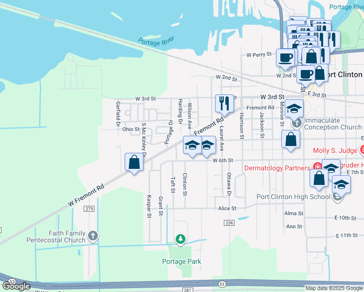 map of restaurants, bars, coffee shops, grocery stores, and more near 615 Fremont Road in Port Clinton
