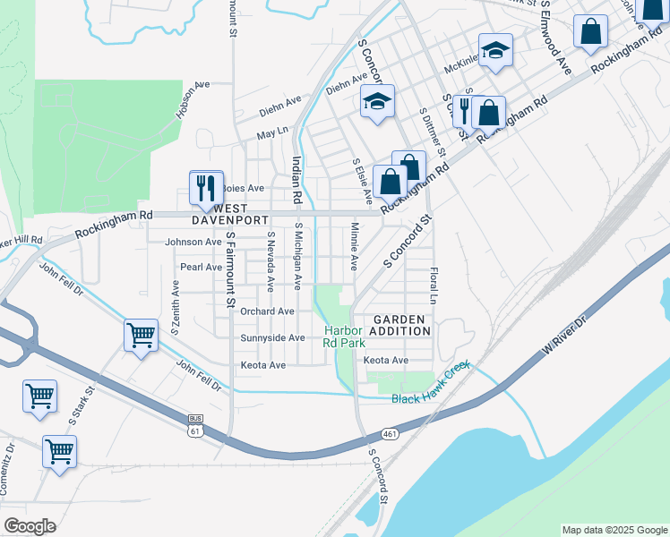 map of restaurants, bars, coffee shops, grocery stores, and more near 1004 South Ohio Avenue in Davenport