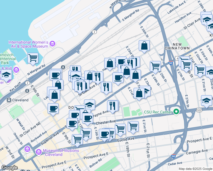 map of restaurants, bars, coffee shops, grocery stores, and more near 1735 Saint Clair Avenue Northeast in Cleveland