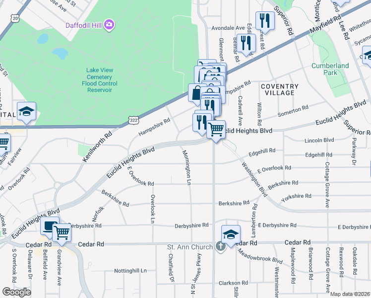 map of restaurants, bars, coffee shops, grocery stores, and more near 2741 Euclid Heights Boulevard in Cleveland Heights