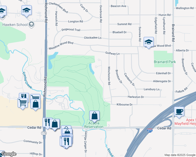 map of restaurants, bars, coffee shops, grocery stores, and more near 520 Eagle Point Drive in Lyndhurst