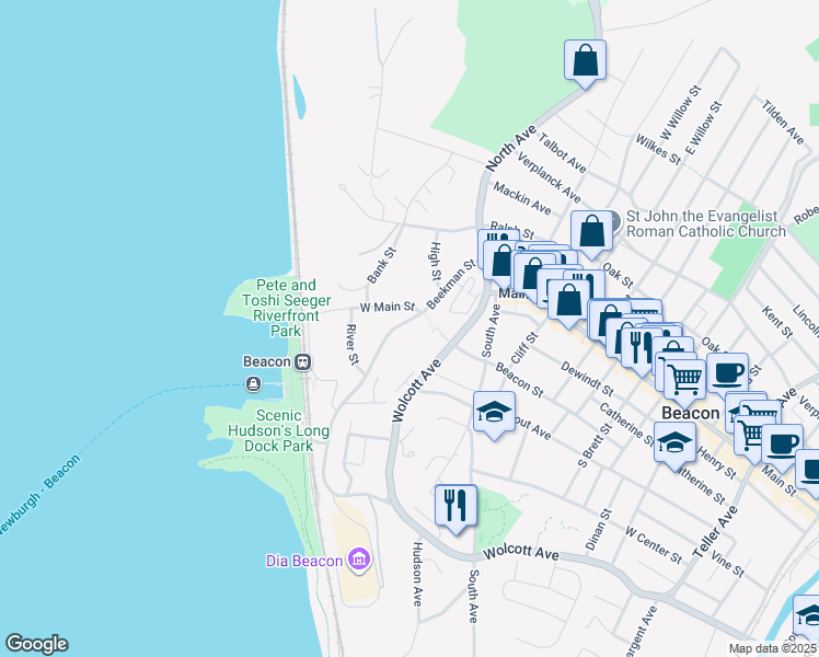 map of restaurants, bars, coffee shops, grocery stores, and more near 30 Beekman Street in Beacon