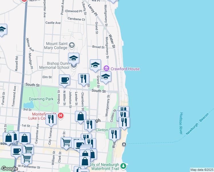 map of restaurants, bars, coffee shops, grocery stores, and more near 137 Montgomery Street in Newburgh