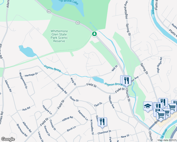 map of restaurants, bars, coffee shops, grocery stores, and more near 85 Lantern Park Drive in Naugatuck