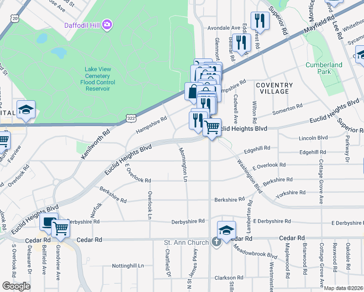 map of restaurants, bars, coffee shops, grocery stores, and more near 2741 Euclid Heights Boulevard in Cleveland Heights