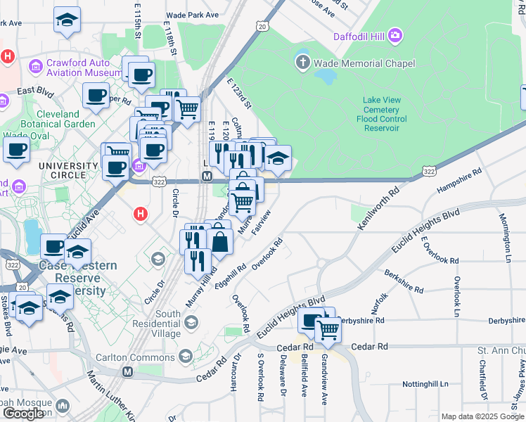 map of restaurants, bars, coffee shops, grocery stores, and more near 12408 Mayfield Road in Cleveland