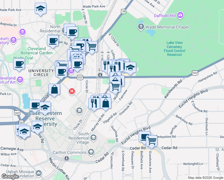 map of restaurants, bars, coffee shops, grocery stores, and more near 2025 Random Road in Cleveland