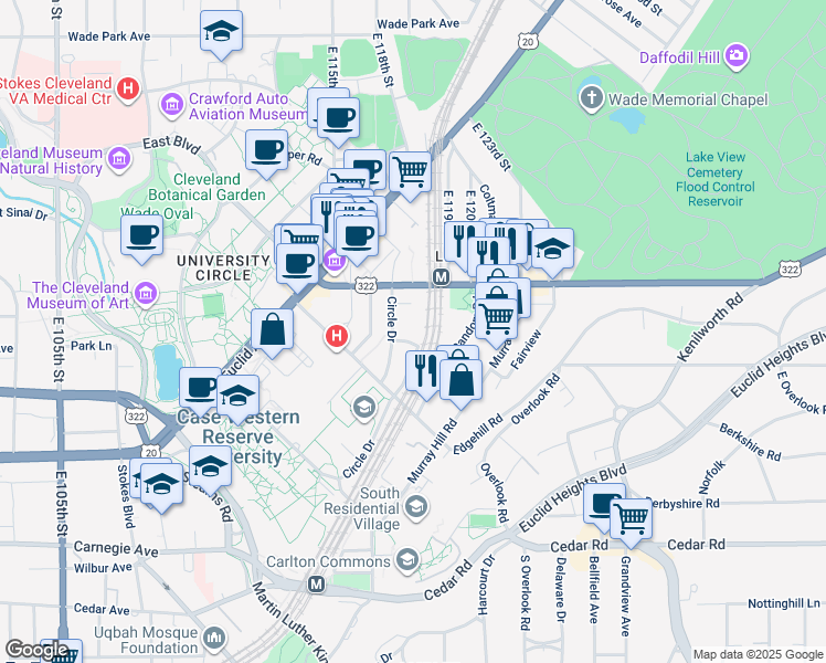 map of restaurants, bars, coffee shops, grocery stores, and more near 11626 Mayfield Road in Cleveland