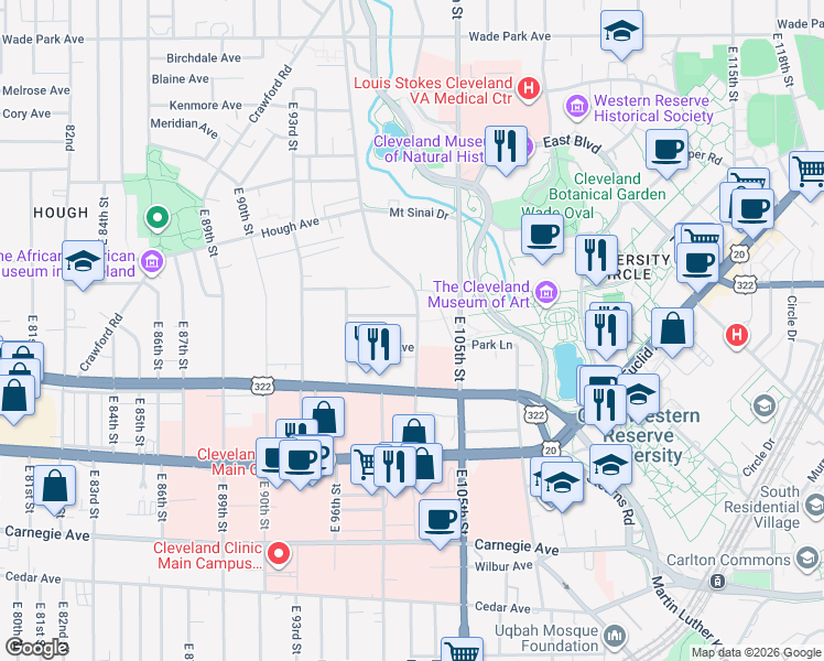 map of restaurants, bars, coffee shops, grocery stores, and more near 1855 Ansel Road in Cleveland