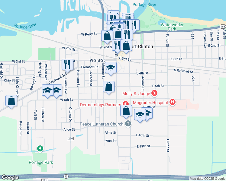 map of restaurants, bars, coffee shops, grocery stores, and more near 424 Madison Street in Port Clinton