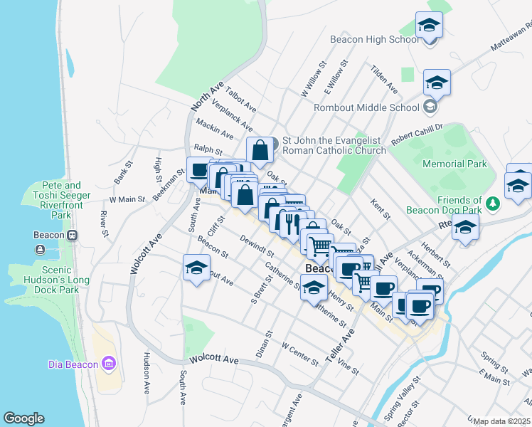 map of restaurants, bars, coffee shops, grocery stores, and more near 14 Church Street in Beacon