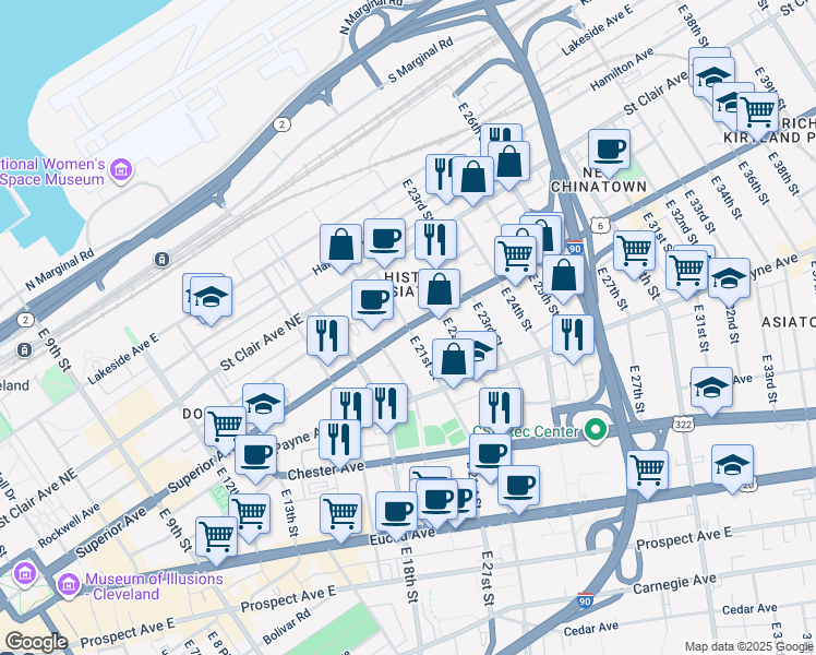 map of restaurants, bars, coffee shops, grocery stores, and more near Superior Avenue East & East 21st Street in Cleveland