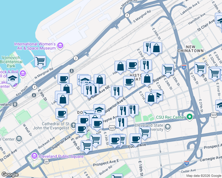 map of restaurants, bars, coffee shops, grocery stores, and more near 1735 Saint Clair Avenue Northeast in Cleveland