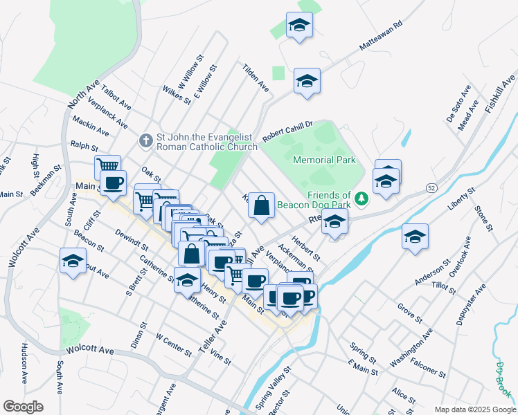 map of restaurants, bars, coffee shops, grocery stores, and more near 43 Kent Street in Beacon