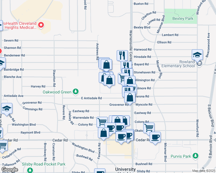 map of restaurants, bars, coffee shops, grocery stores, and more near 1960 Warrensville Center Road in South Euclid