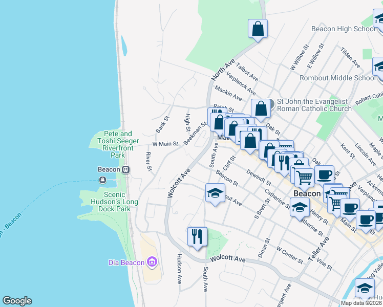 map of restaurants, bars, coffee shops, grocery stores, and more near 34 Beekman Street in Beacon