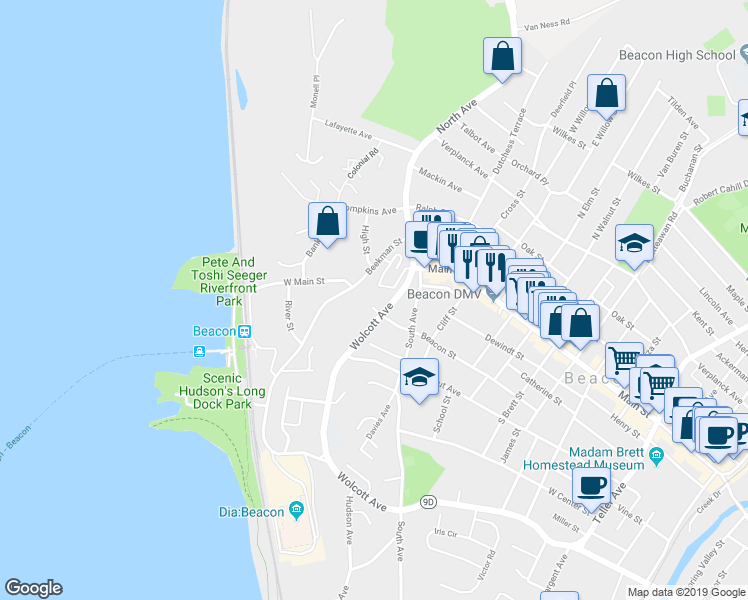 map of restaurants, bars, coffee shops, grocery stores, and more near 34 Beekman Street in Beacon