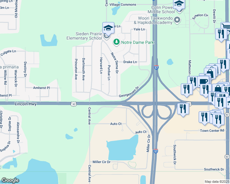 map of restaurants, bars, coffee shops, grocery stores, and more near 1022 Notre Dame Drive in Matteson