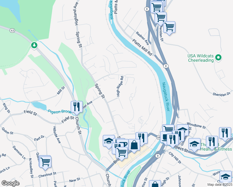 map of restaurants, bars, coffee shops, grocery stores, and more near 148 High Ridge Road in Naugatuck