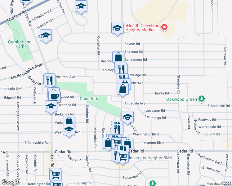 map of restaurants, bars, coffee shops, grocery stores, and more near 3435 Superior Park Drive in Cleveland Heights
