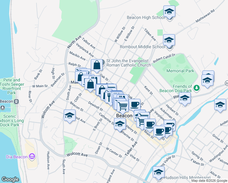 map of restaurants, bars, coffee shops, grocery stores, and more near 25 North Walnut Street in Beacon