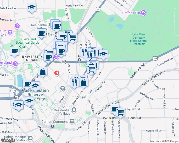 map of restaurants, bars, coffee shops, grocery stores, and more near 2025 Random Road in Cleveland