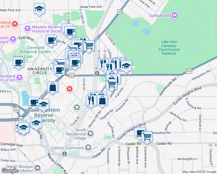 map of restaurants, bars, coffee shops, grocery stores, and more near 2025 Random Road in Cleveland