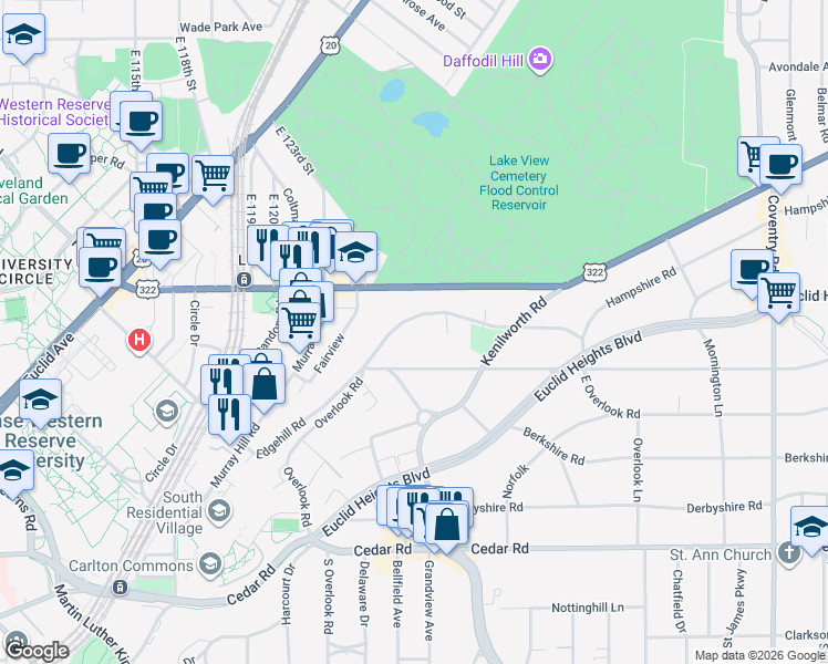 map of restaurants, bars, coffee shops, grocery stores, and more near 2417 Overlook Road in Cleveland Heights
