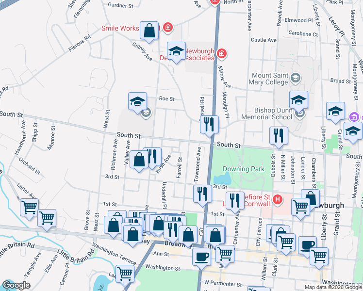 map of restaurants, bars, coffee shops, grocery stores, and more near 10 Wilson Street in Newburgh
