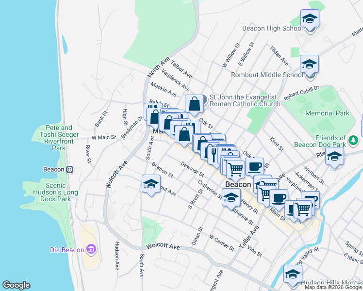 map of restaurants, bars, coffee shops, grocery stores, and more near 6 Willow Street in Beacon