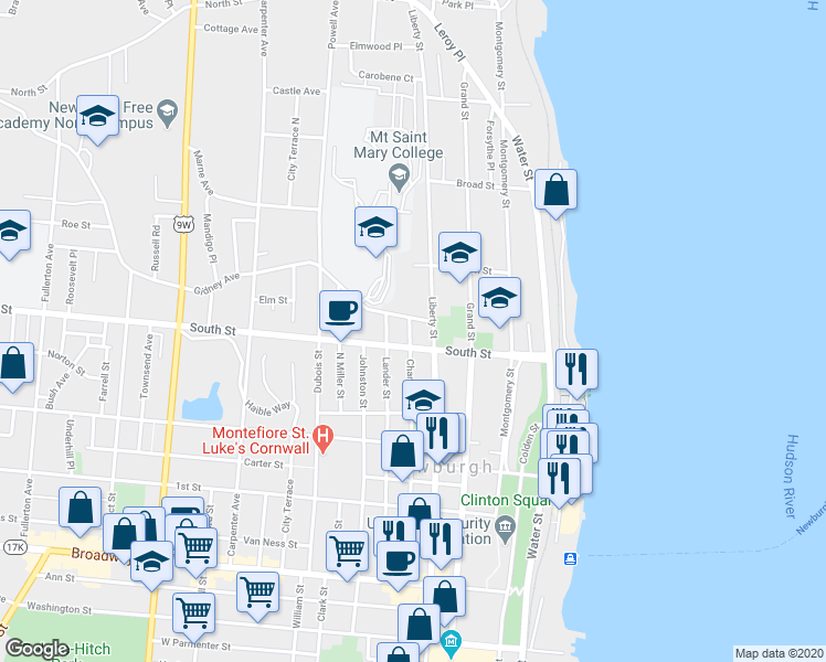 map of restaurants, bars, coffee shops, grocery stores, and more near 24 Gidney Avenue in Newburgh