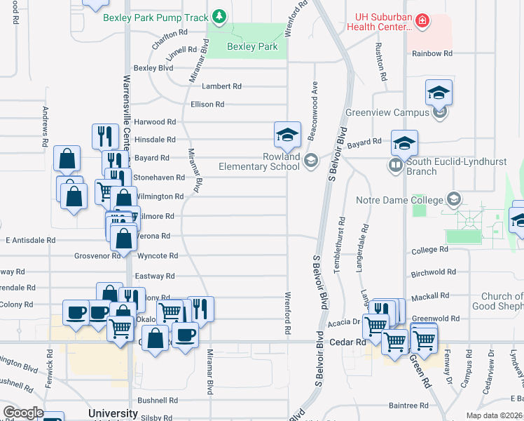 map of restaurants, bars, coffee shops, grocery stores, and more near 4222 Wilmington Road in South Euclid