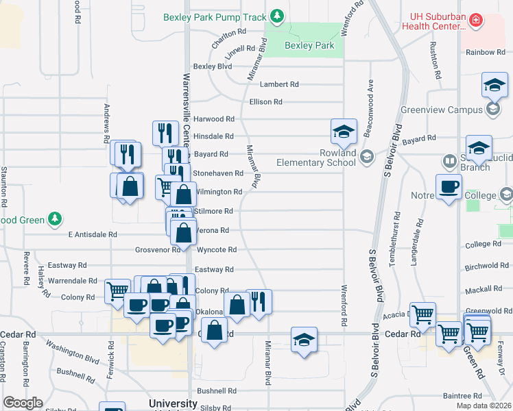 map of restaurants, bars, coffee shops, grocery stores, and more near 4102 Wilmington Road in South Euclid