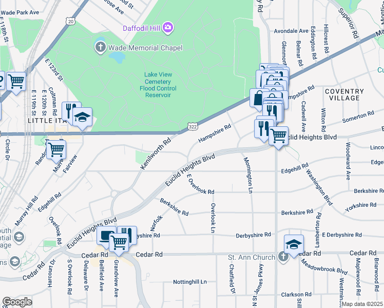 map of restaurants, bars, coffee shops, grocery stores, and more near 2614 Hampshire Road in Cleveland Heights