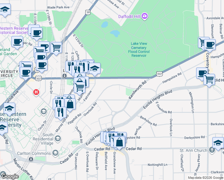 map of restaurants, bars, coffee shops, grocery stores, and more near 2417 Overlook Road in Cleveland Heights