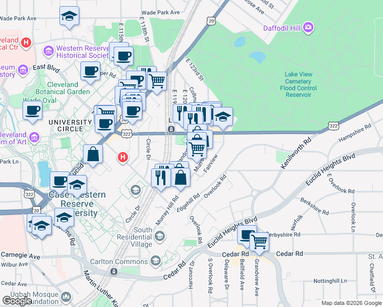 map of restaurants, bars, coffee shops, grocery stores, and more near 2025 Random Road in Cleveland