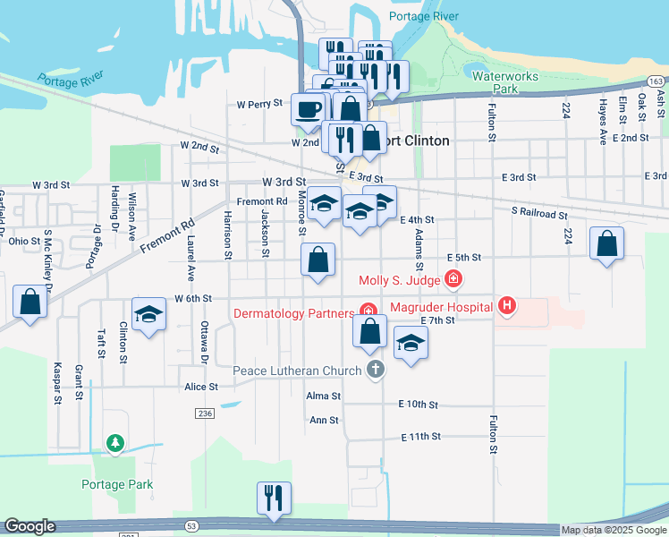 map of restaurants, bars, coffee shops, grocery stores, and more near 424 Madison Street in Port Clinton