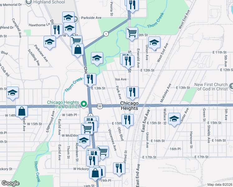 map of restaurants, bars, coffee shops, grocery stores, and more near 62 East 13th Street in Chicago Heights