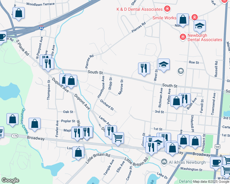 map of restaurants, bars, coffee shops, grocery stores, and more near 56 Shipp Street in Newburgh