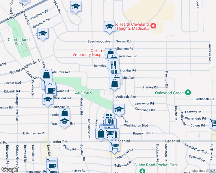 map of restaurants, bars, coffee shops, grocery stores, and more near 3439 Superior Park Drive in Cleveland Heights