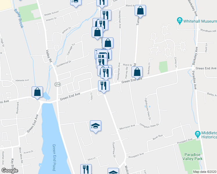 map of restaurants, bars, coffee shops, grocery stores, and more near 461 Green End Avenue in Middletown