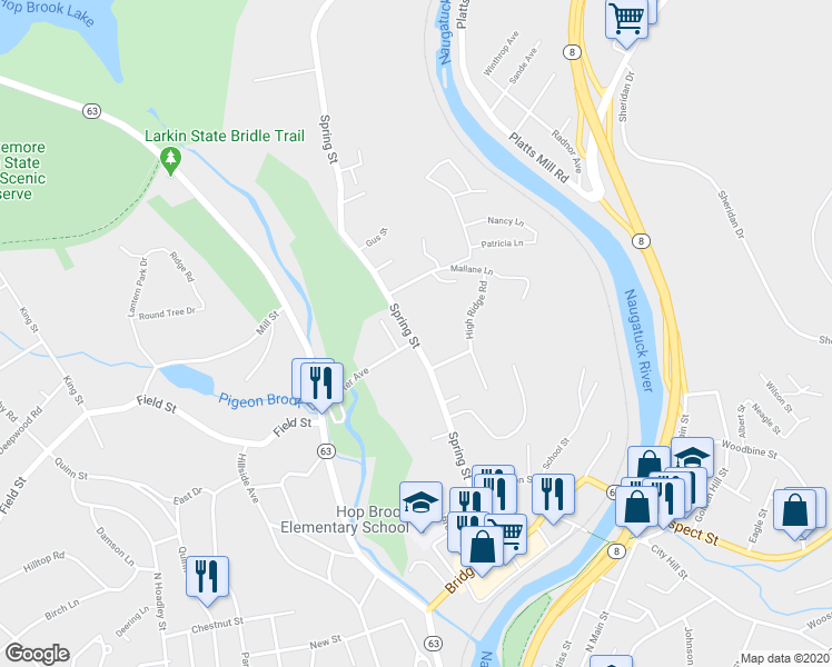 map of restaurants, bars, coffee shops, grocery stores, and more near 311 Spring Street in Naugatuck