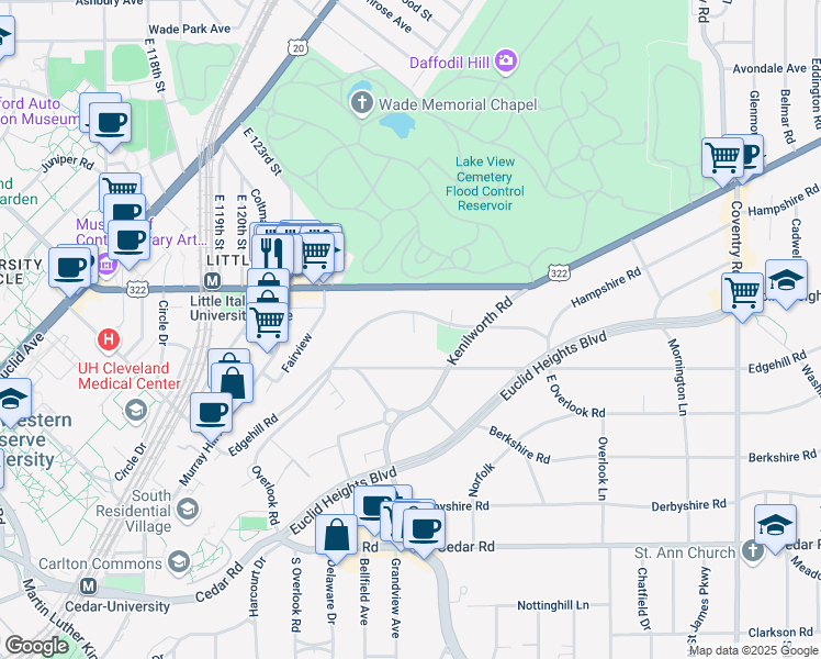 map of restaurants, bars, coffee shops, grocery stores, and more near 2450 Overlook Road in Cleveland