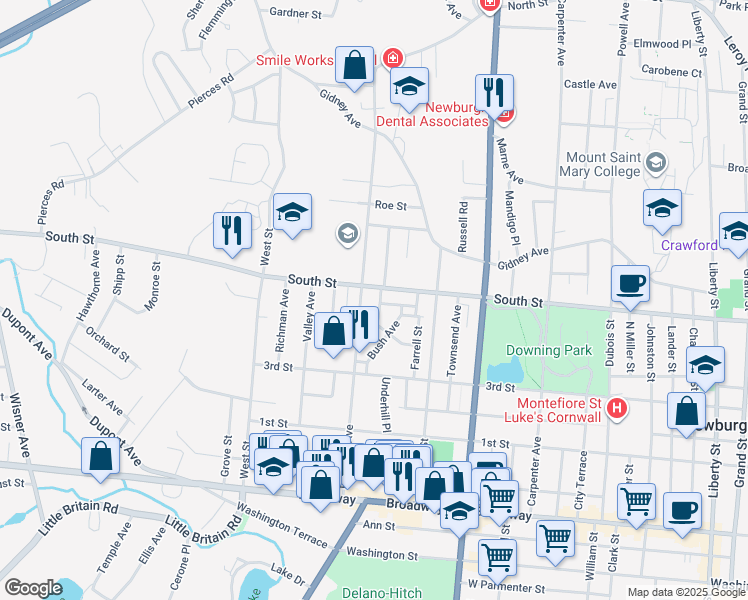 map of restaurants, bars, coffee shops, grocery stores, and more near 388 South Street in Newburgh