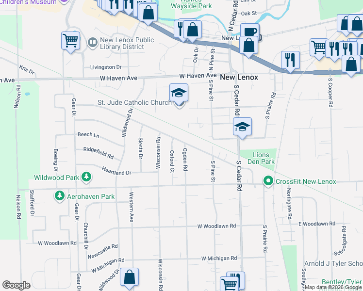 map of restaurants, bars, coffee shops, grocery stores, and more near 307 Central Road in New Lenox